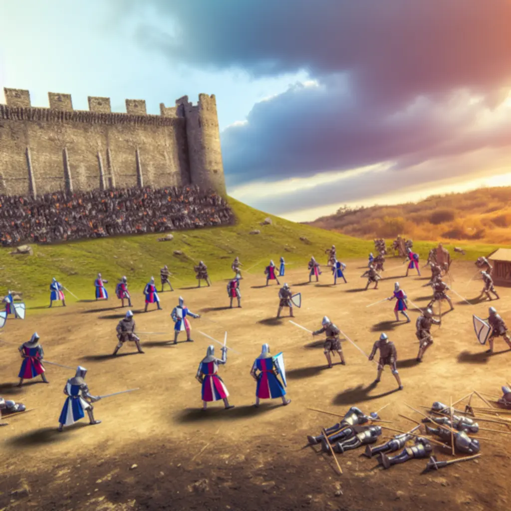 Epicka bitwa w Hammer & Steel zderzająca linie piechoty, łuczników i kawalerii w realistycznej średniowiecznej scenerii.