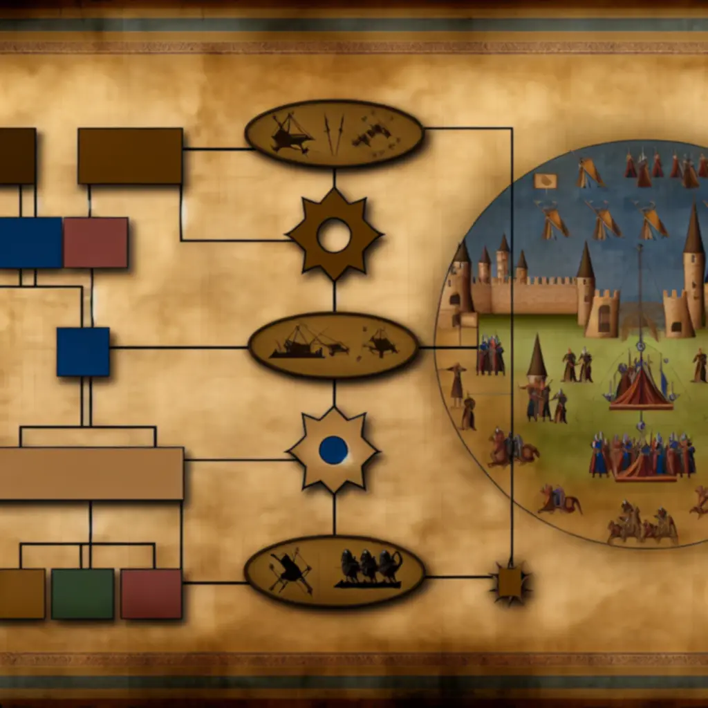 Infografiki przedstawiające drzewka rozwoju i relacje jednostek w Hammer & Steel
