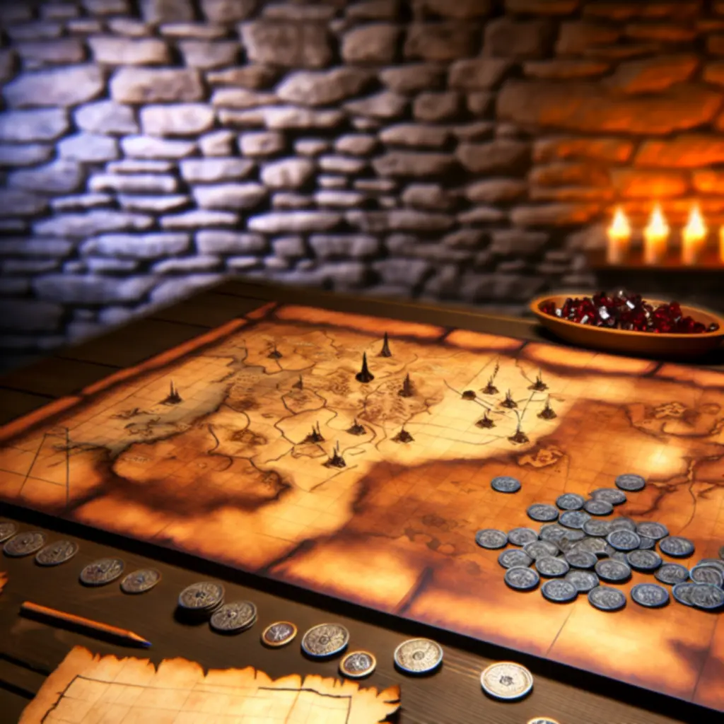 Ilustracja przewodników do gry Hammer & Steel przedstawiająca średniowieczne miasto i mapę strategiczną