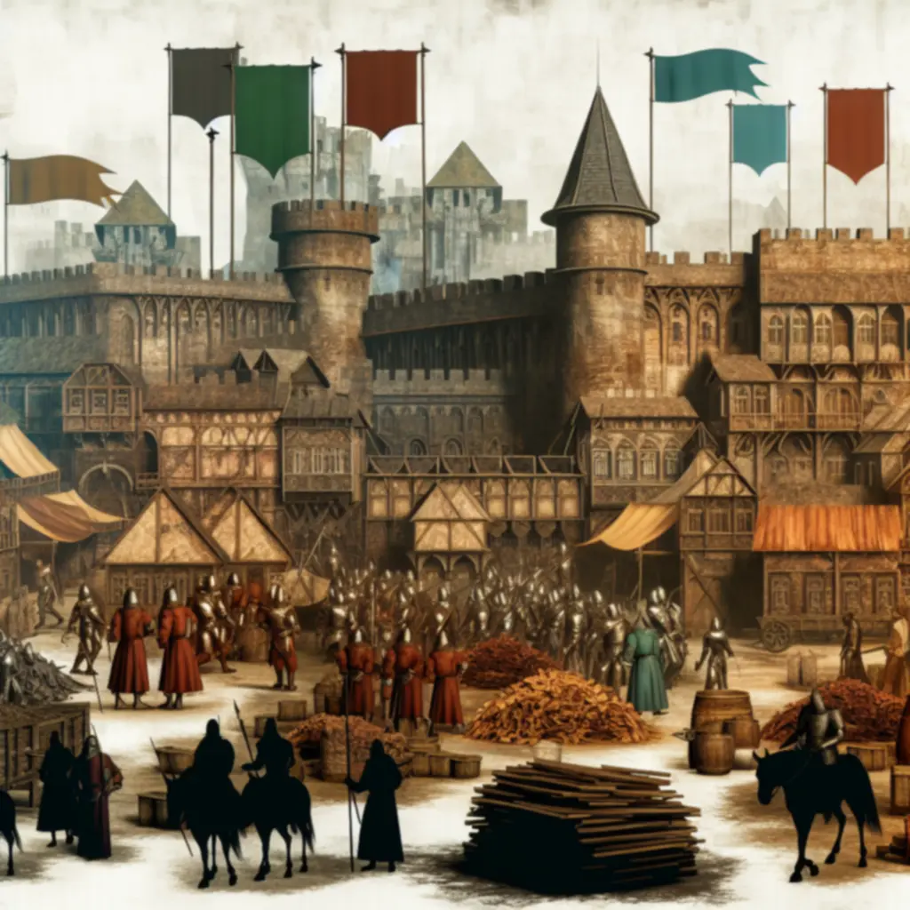 Panoramiczny widok średniowiecznego miasta Hammer & Steel z dowódcą, wojskami i zasobami.