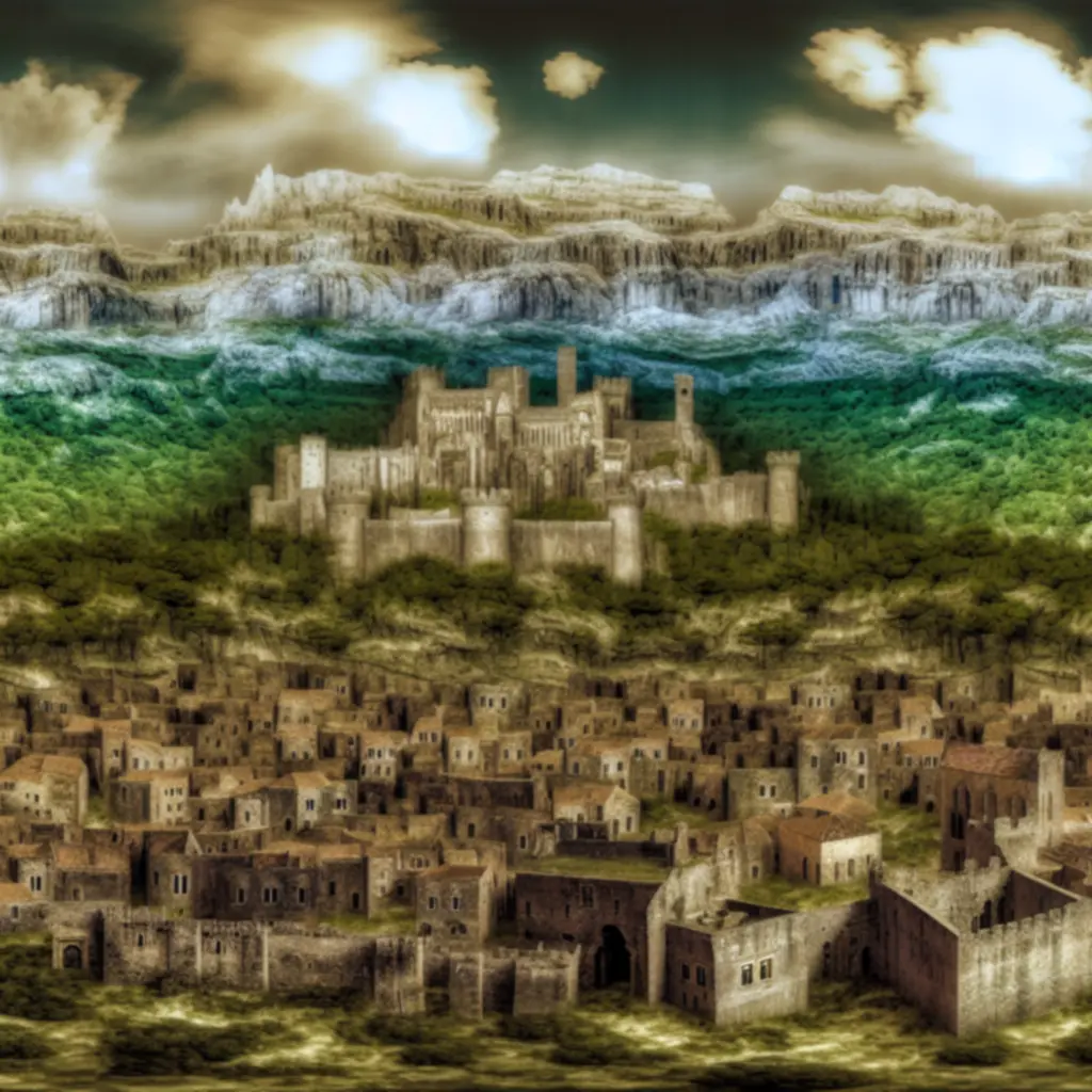 Panorama średniowiecznego imperium z murami, wieżami i armią w Hammer & Steel