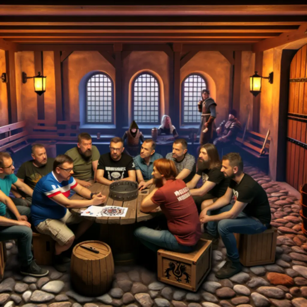 Medialna sala narad pełna graczy Hammer & Steel omawiających strategie