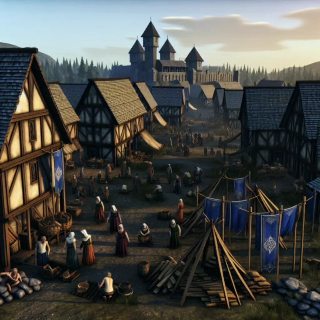 Panorama warownej osady w świecie Hammer & Steel, otoczonej palisadą i polami surowców.