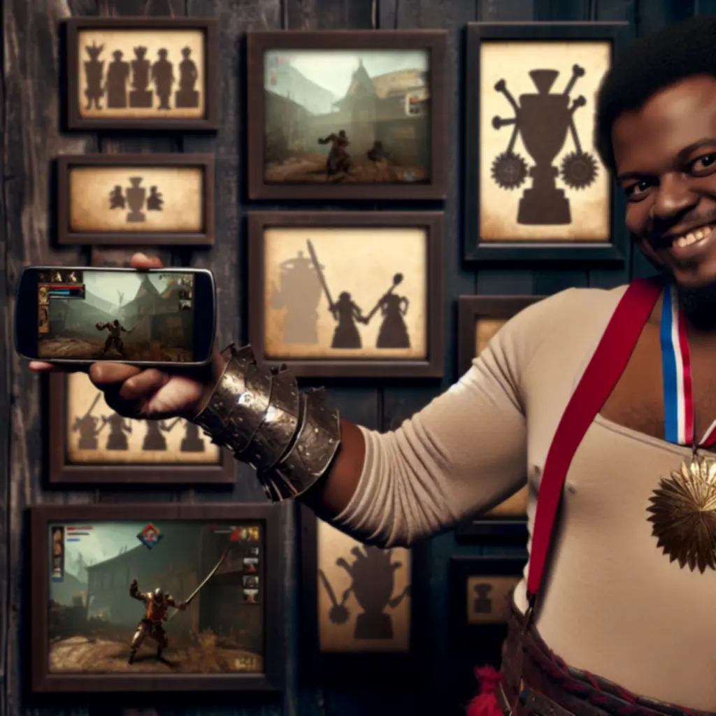 Przykładowa tablica osiągnięć graczy Hammer & Steel z ekranami zwycięstw i podbojów