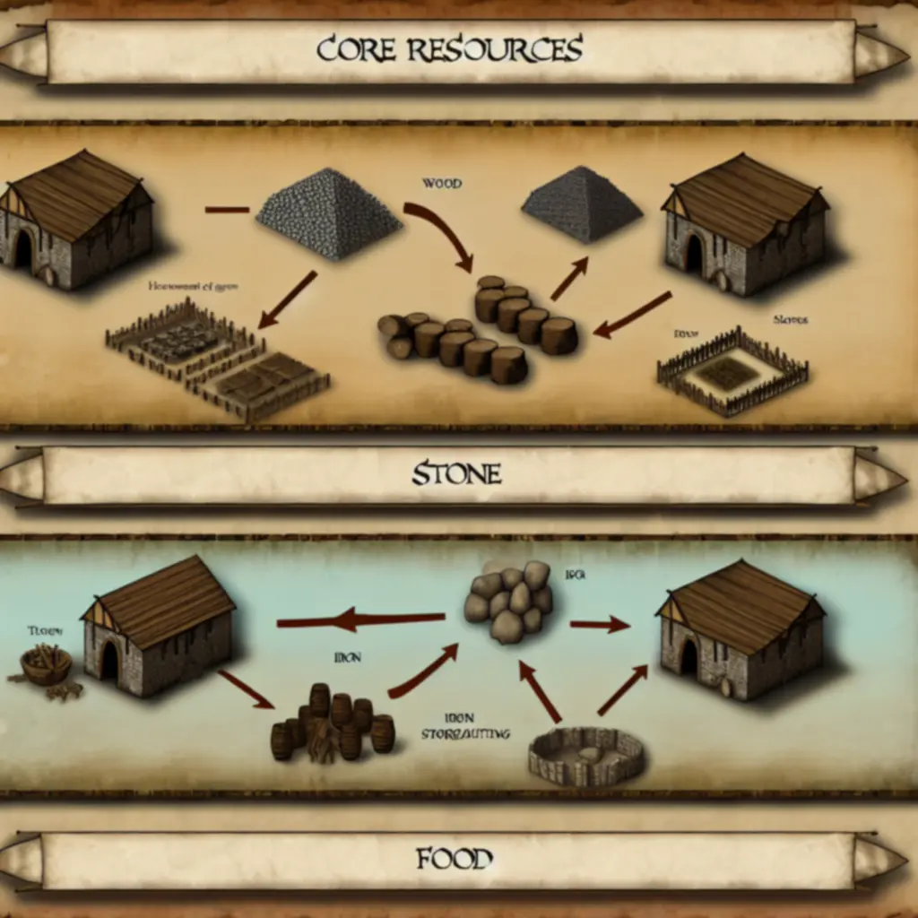 Infografika pokazująca przepływ zasobów w Hammer & Steel od produkcji, przez magazynowanie aż po wydatki na budynki i armię.