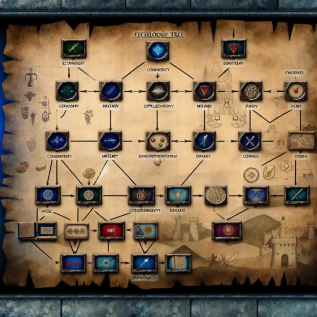 Infografika drzew rozwoju w Hammer & Steel z zaznaczonymi ścieżkami ekonomii, militariów, technologii i dyplomacji.